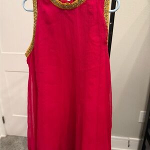 Girls Desi Pink and Gold Sleeveless Kameez